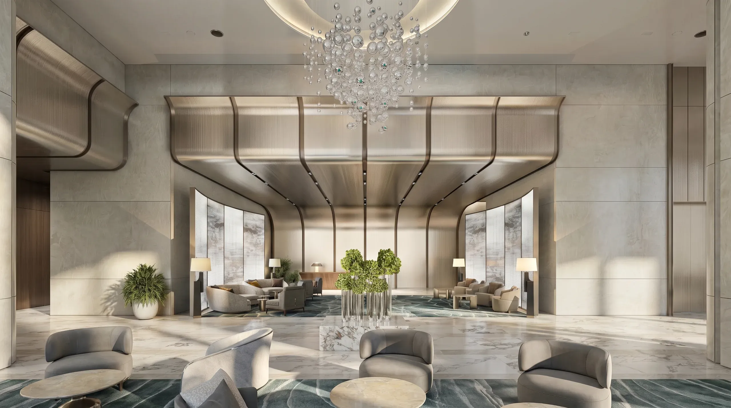Modern luxury hotel lobby with marble flooring, crystal chandelier, curved metallic wall panels, floor-to-ceiling windows, and contemporary seating arrangements.