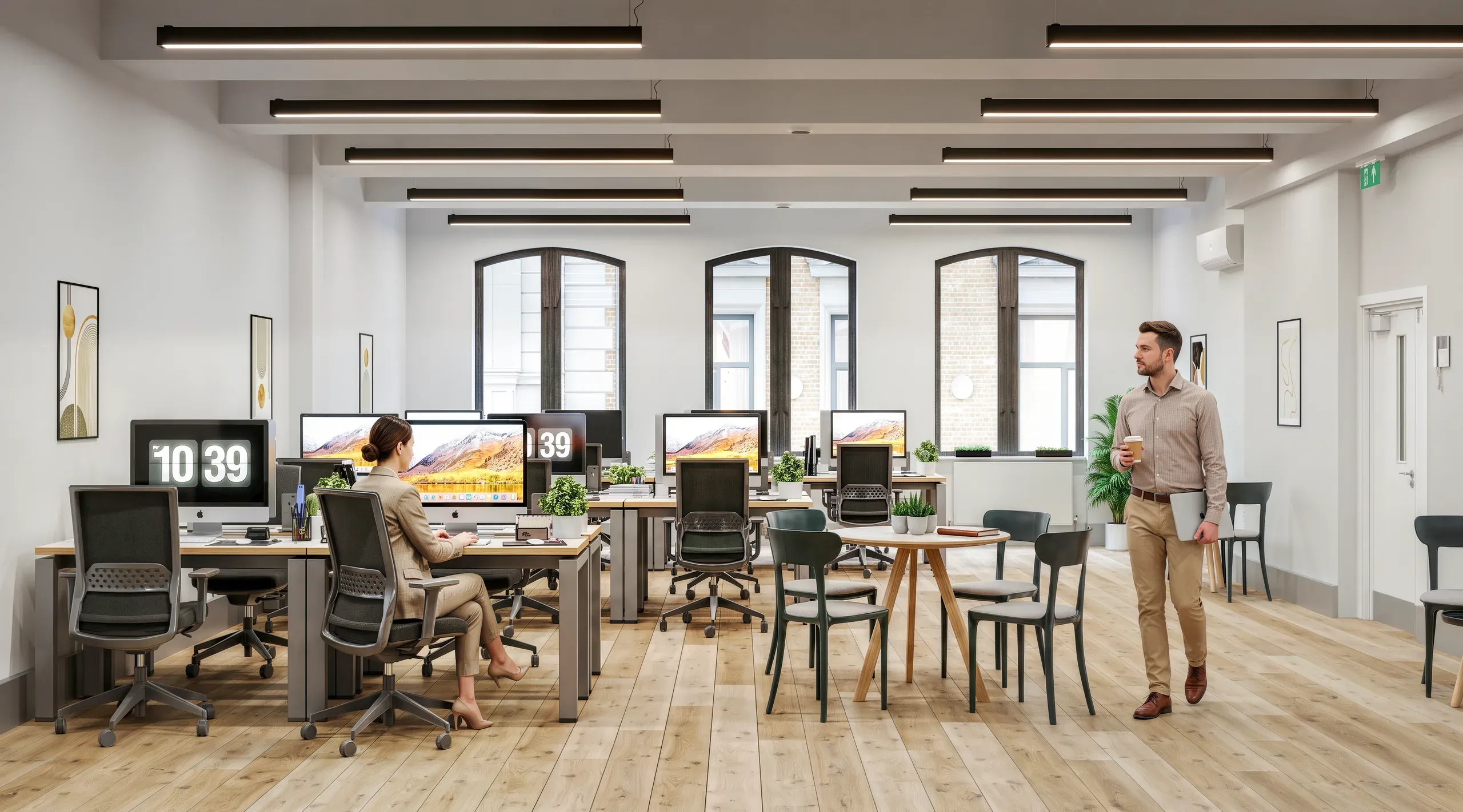 Modern office space with employees at desks and standing, featuring wooden flooring, large windows, potted plants, and linear ceiling lights.