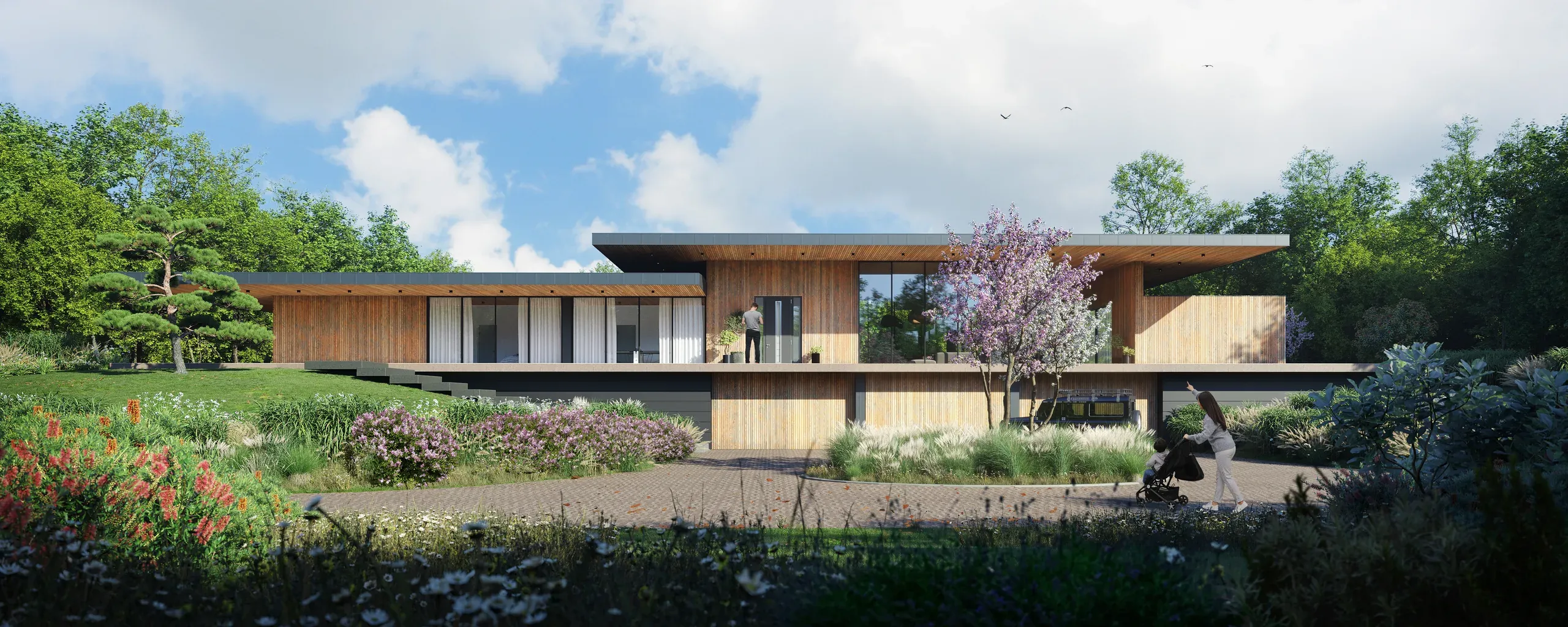 Modern single-story residential house with wood and metal cladding, large windows, surrounded by landscaped gardens with flowering plants and mature trees.