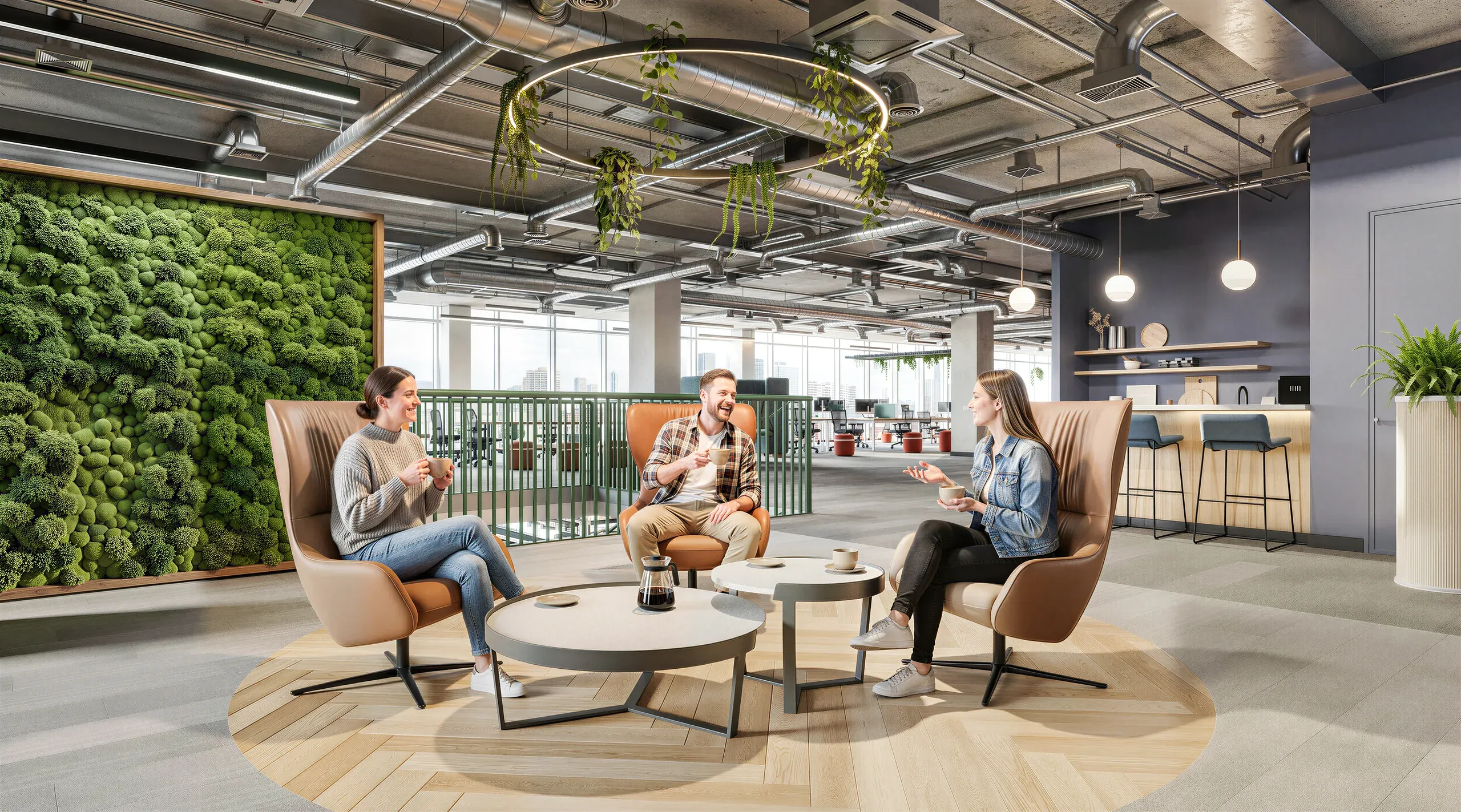 Modern office break room with three professionals conversing in comfortable chairs around a circular table, surrounded by green moss wall, hanging plants, and industrial ceiling design.