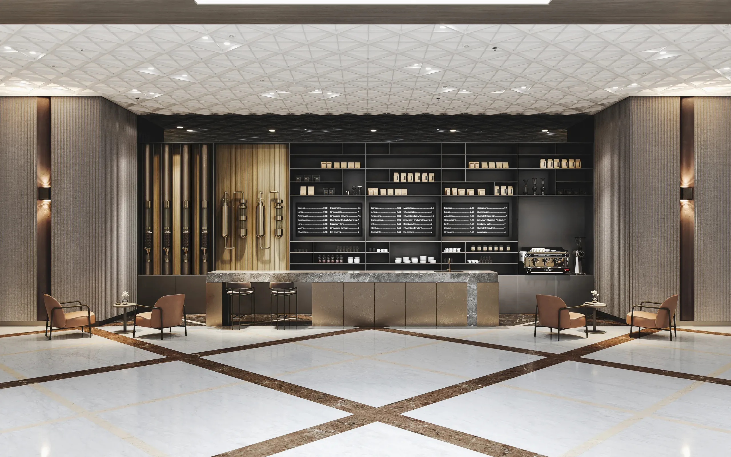 Modern luxury café interior with marble counter, black shelving, wooden accents, geometric floor patterns, and contemporary seating areas.