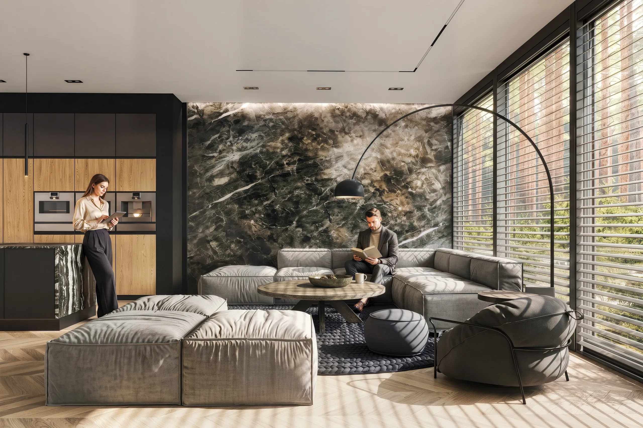 Modern open-plan apartment with kitchen, living area, marble accent wall, gray modular seating, and large windows with grid pattern shutters.