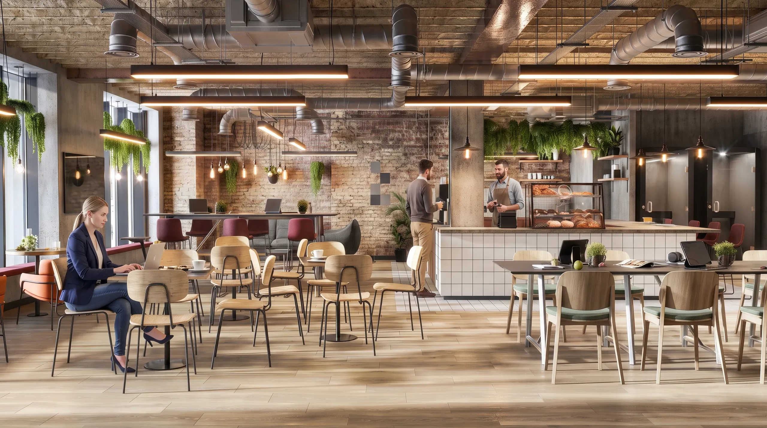 Modern office cafeteria with exposed brick walls, industrial ceiling, natural wood flooring, pendant lighting, green plants, and employees working at tables near a counter service area.