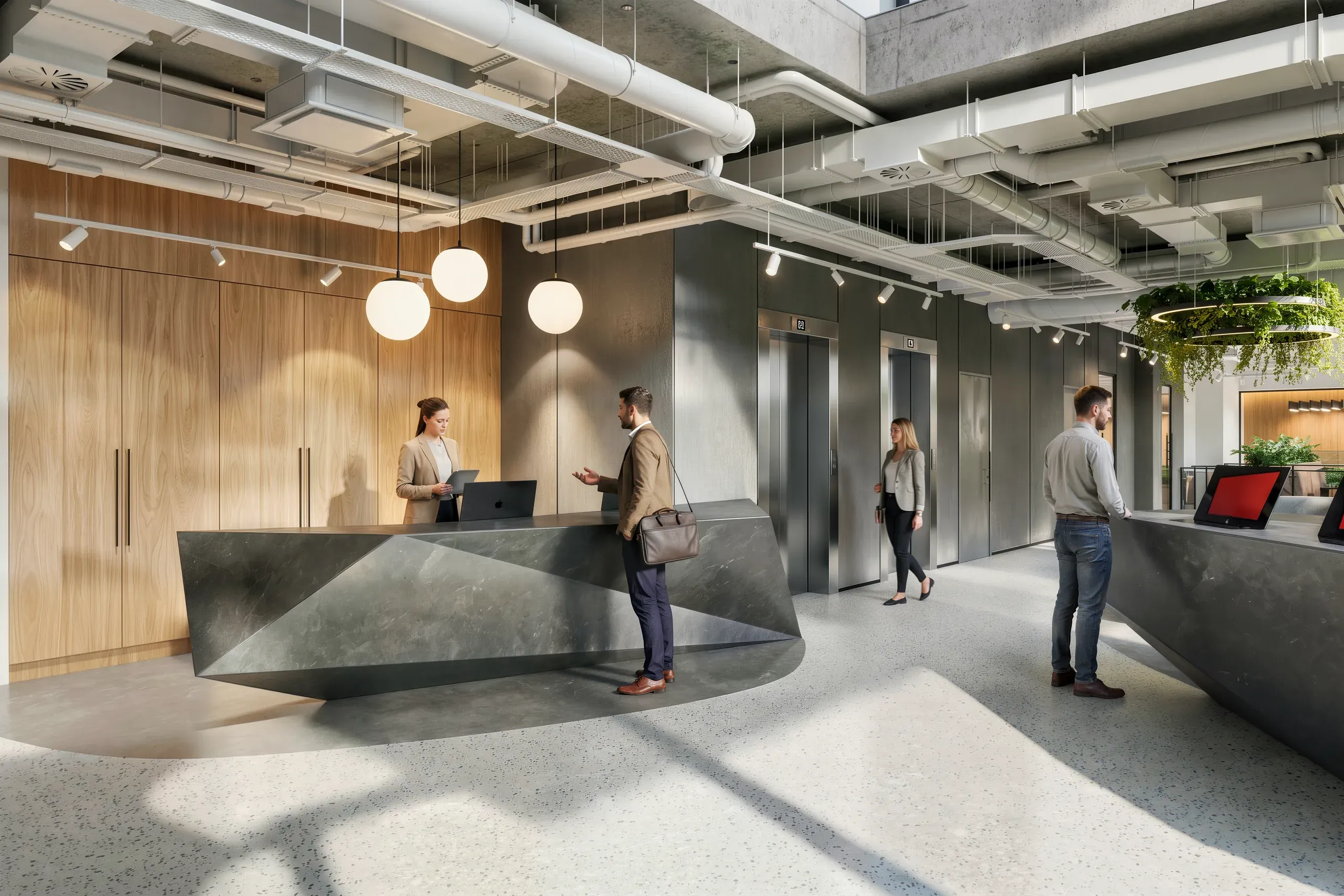 Modern office lobby with concrete reception desk, wooden wall panels, pendant lighting, elevators, and people in business casual attire interacting in a bright, minimalist space.