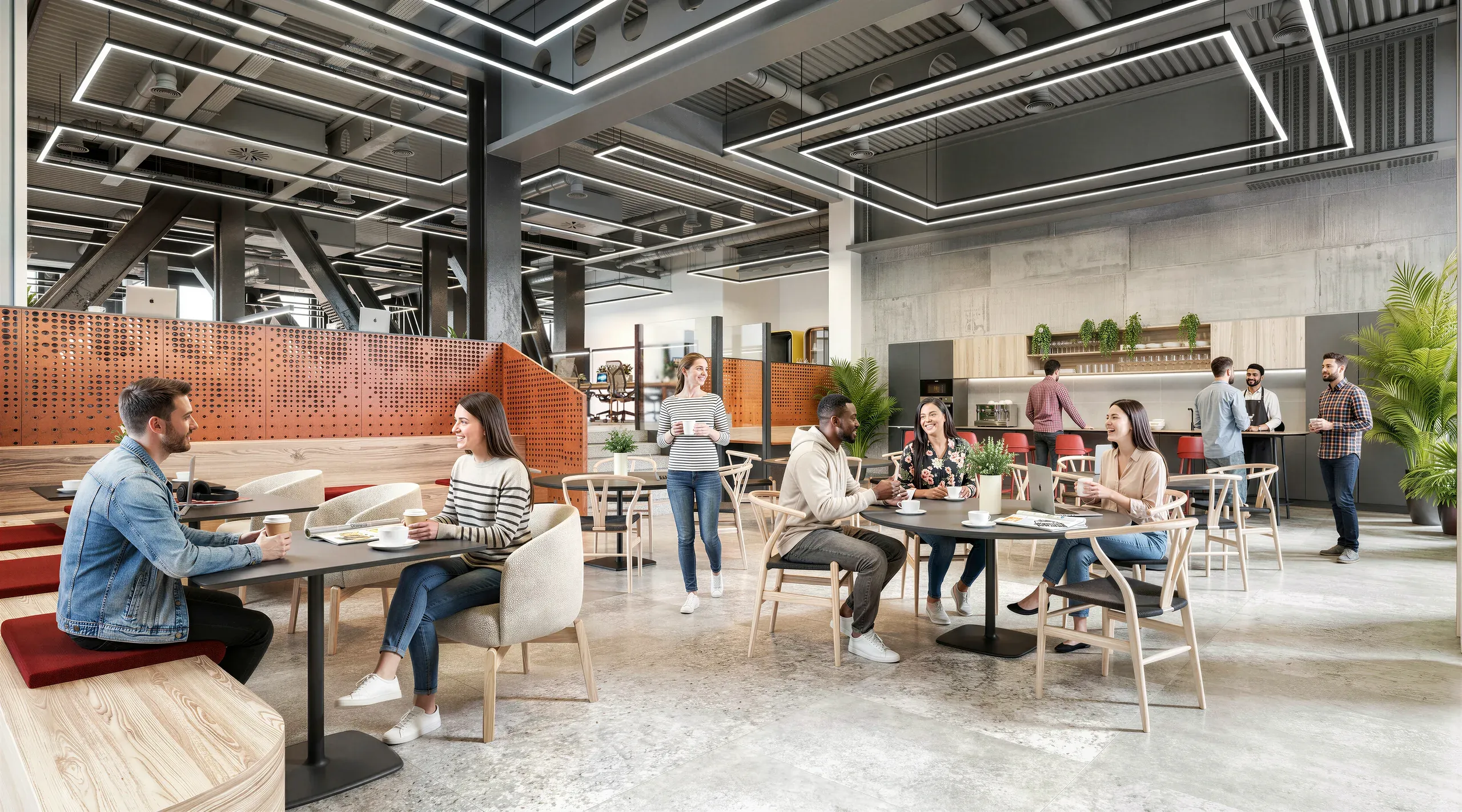 Modern open-plan office space with casual seating areas, employees dining and conversing, industrial ceiling with linear lighting, orange privacy screens, and potted plants throughout.