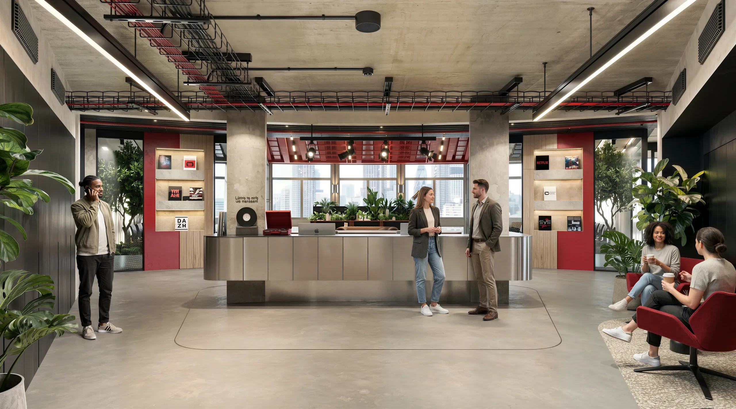 Modern office lobby with reception desk, red and wood accents, concrete ceiling, potted plants, and people in casual business attire interacting in open space.