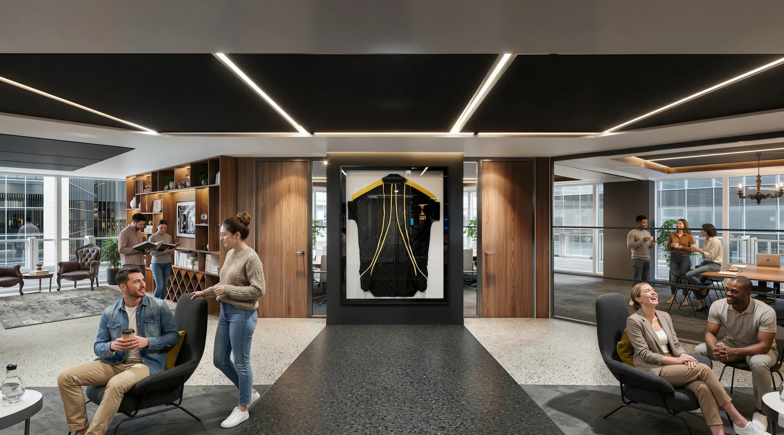 Modern office lobby with wood paneling, linear ceiling lights, and employees conversing in casual seating areas near a central display case.