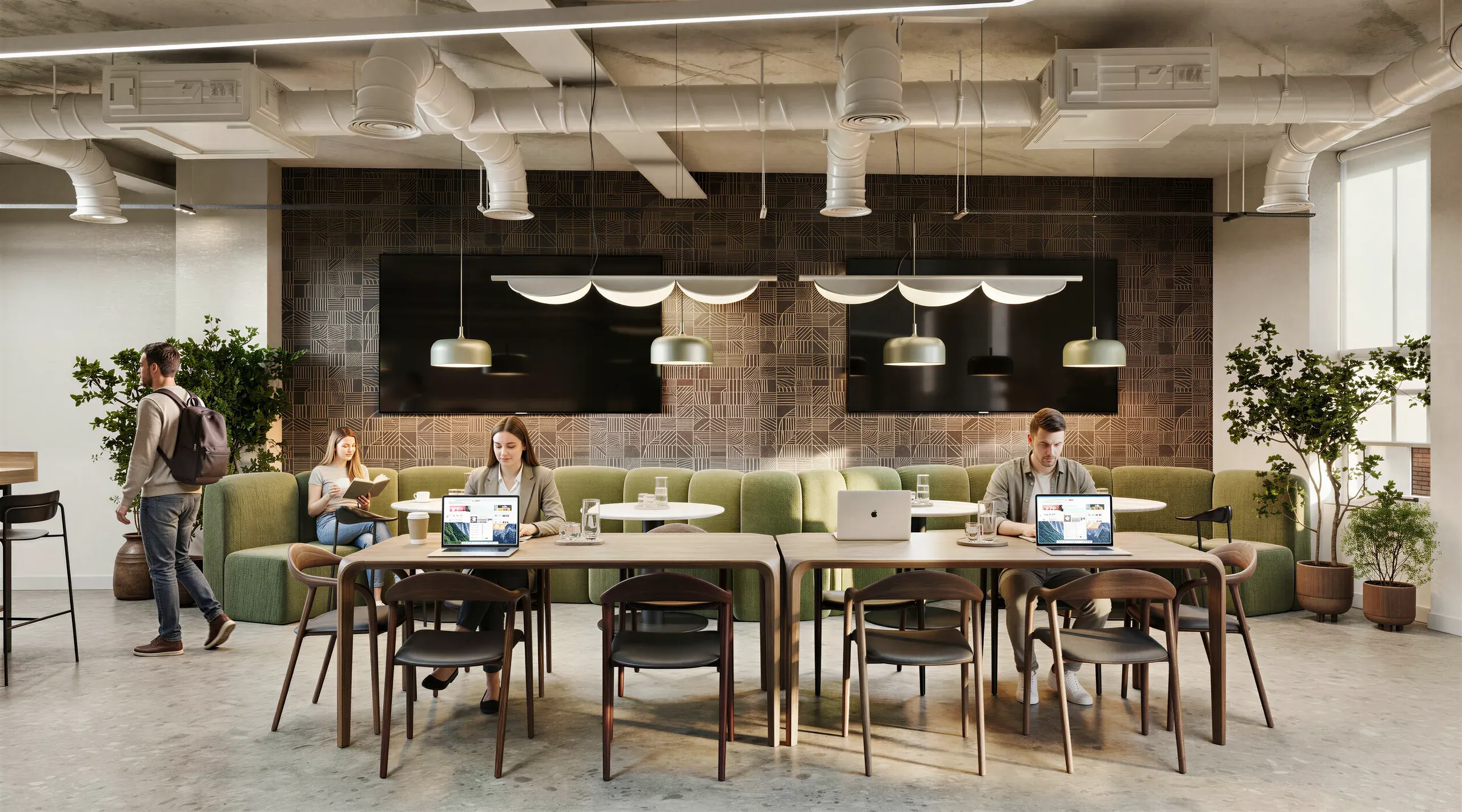 Modern office lounge with green seating, wooden tables, metallic pendant lights, and workers on laptops in a bright, minimalist workspace.