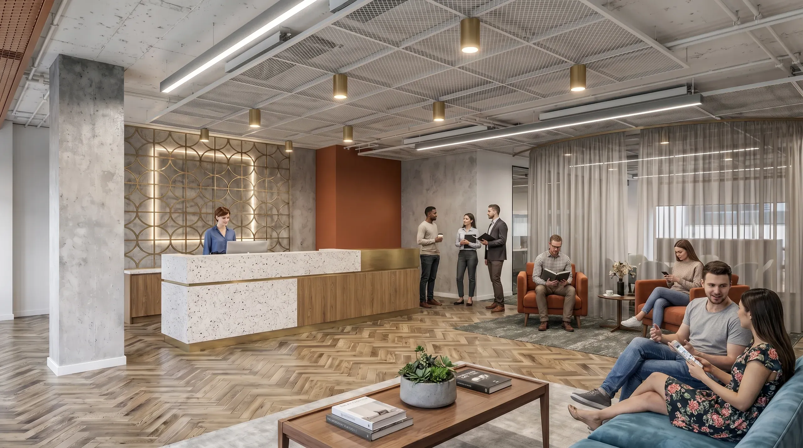 Modern office lobby with reception desk, lounge seating, geometric wall panels, and multiple people interacting in a contemporary workspace environment.