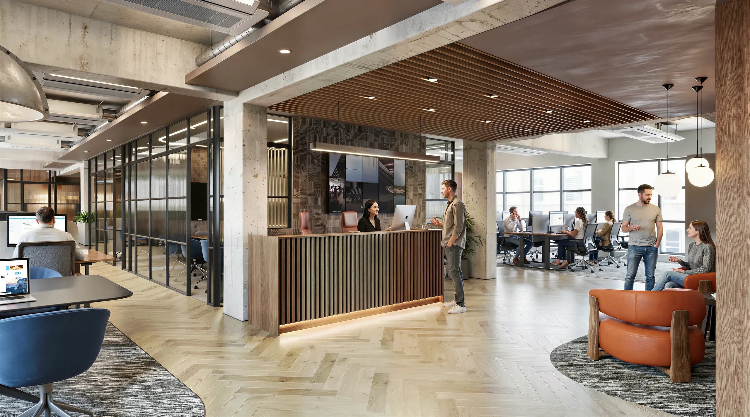Modern open-plan office space with glass-partitioned rooms, wooden accents, concrete beams, herringbone flooring, and employees working at desks and collaborative areas.
