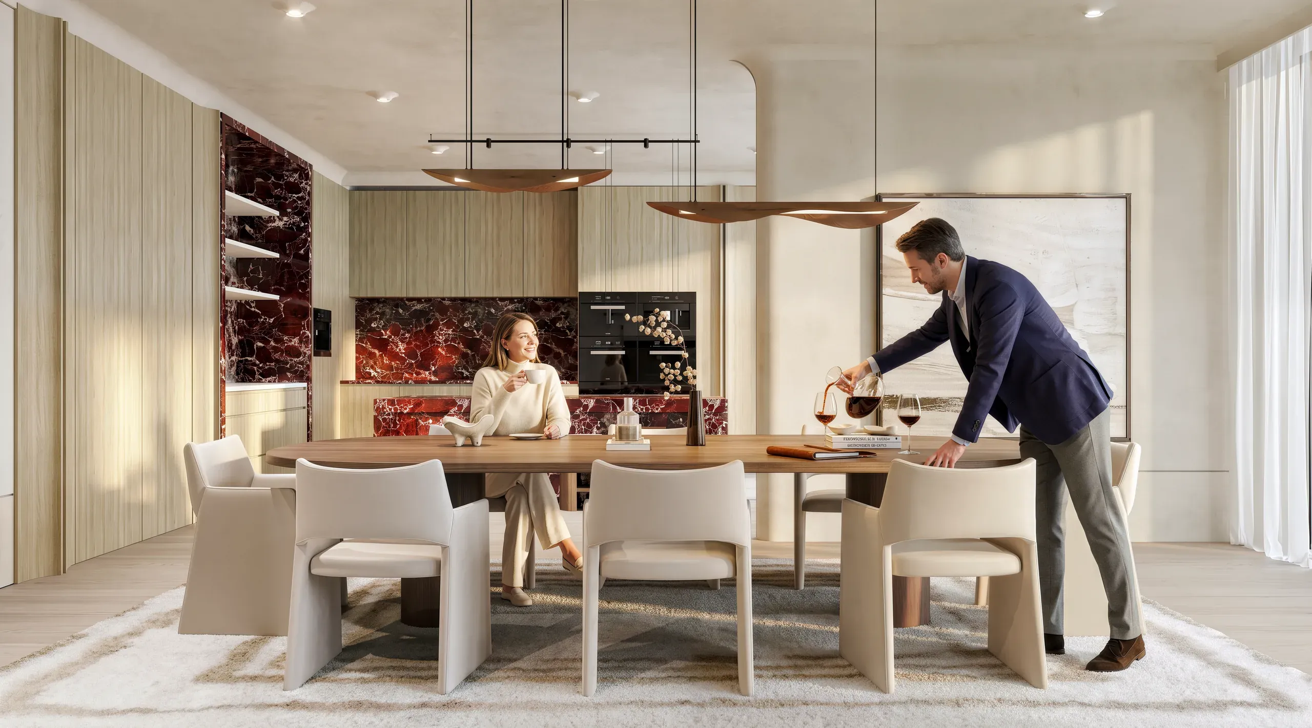 Modern kitchen and dining area with two people at a wooden table, featuring burgundy marble accents, pendant lighting, and floor-to-ceiling windows.
