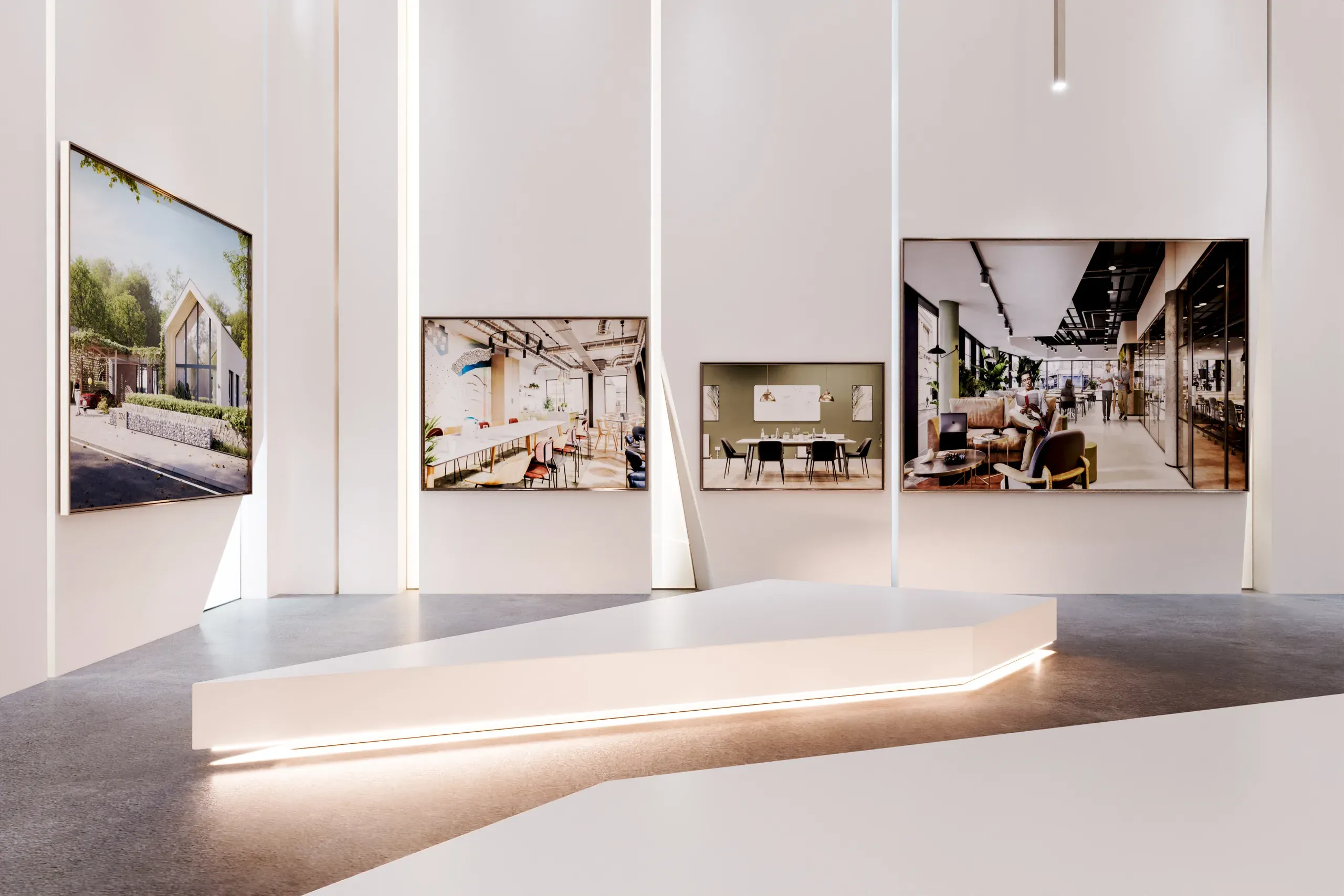 Modern gallery space with white walls displaying framed architectural renderings of residential and commercial interiors, illuminated by natural light and curved floor lighting.
