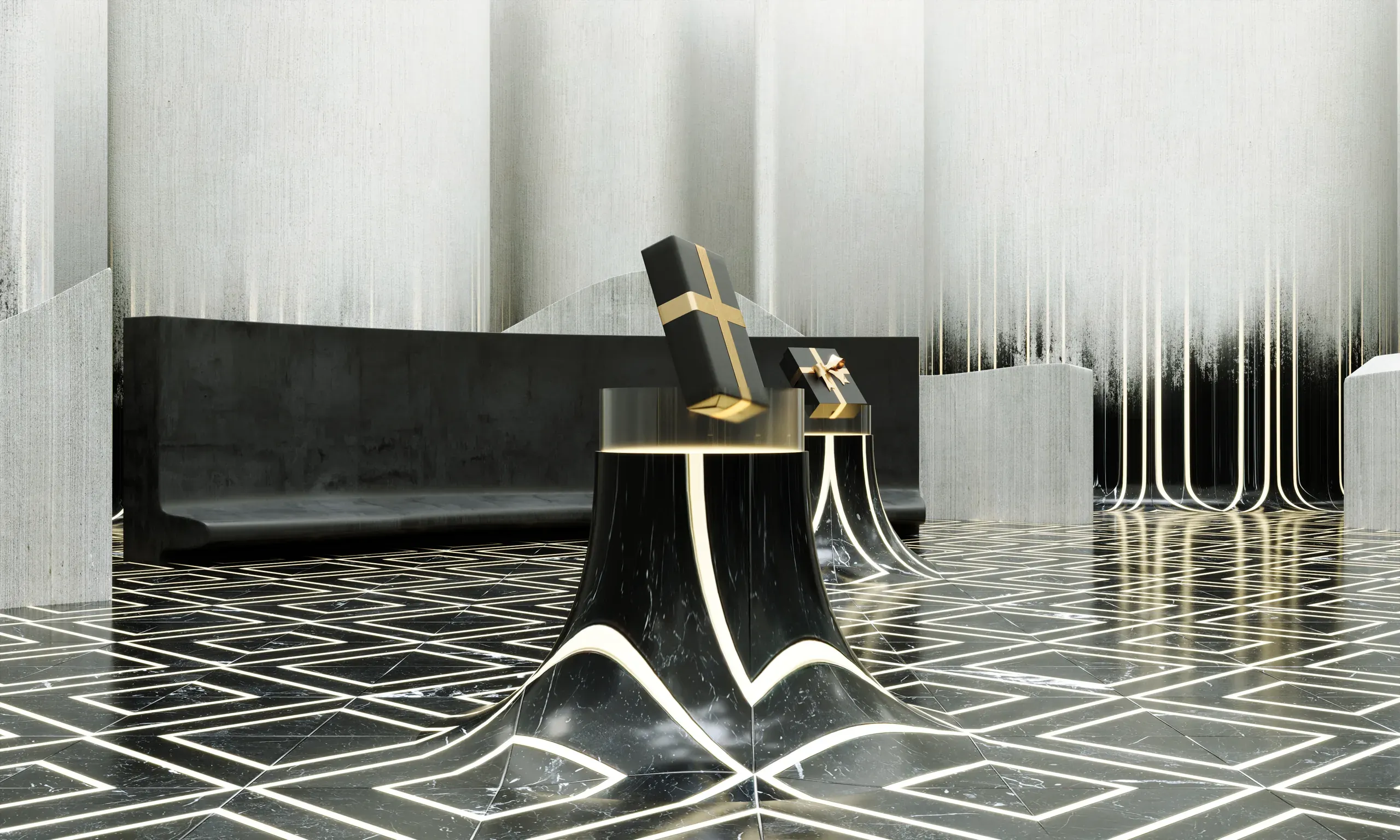 Modern interior space with geometric floor pattern, black sculptural furniture, white vertical wall elements, and minimalist architectural design.