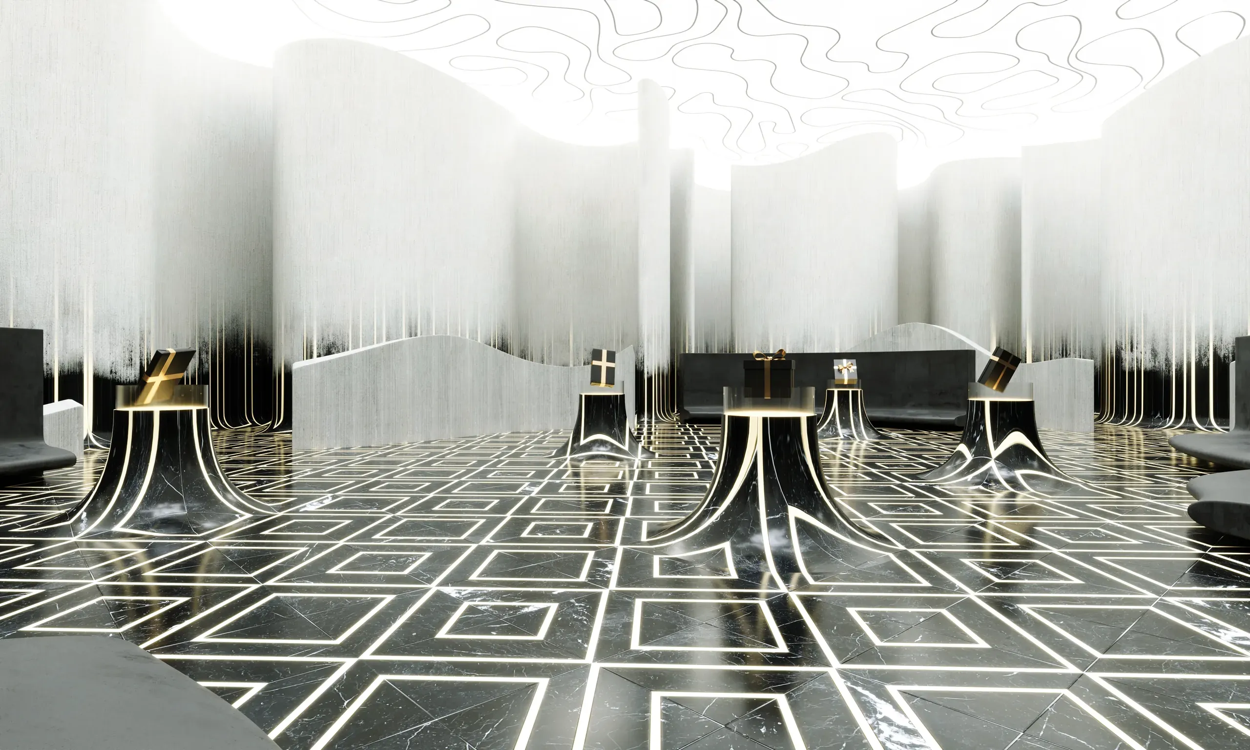 Futuristic interior space with geometric floor patterns, white textured walls, gold-accented furniture, and dramatic lighting from patterned ceiling.