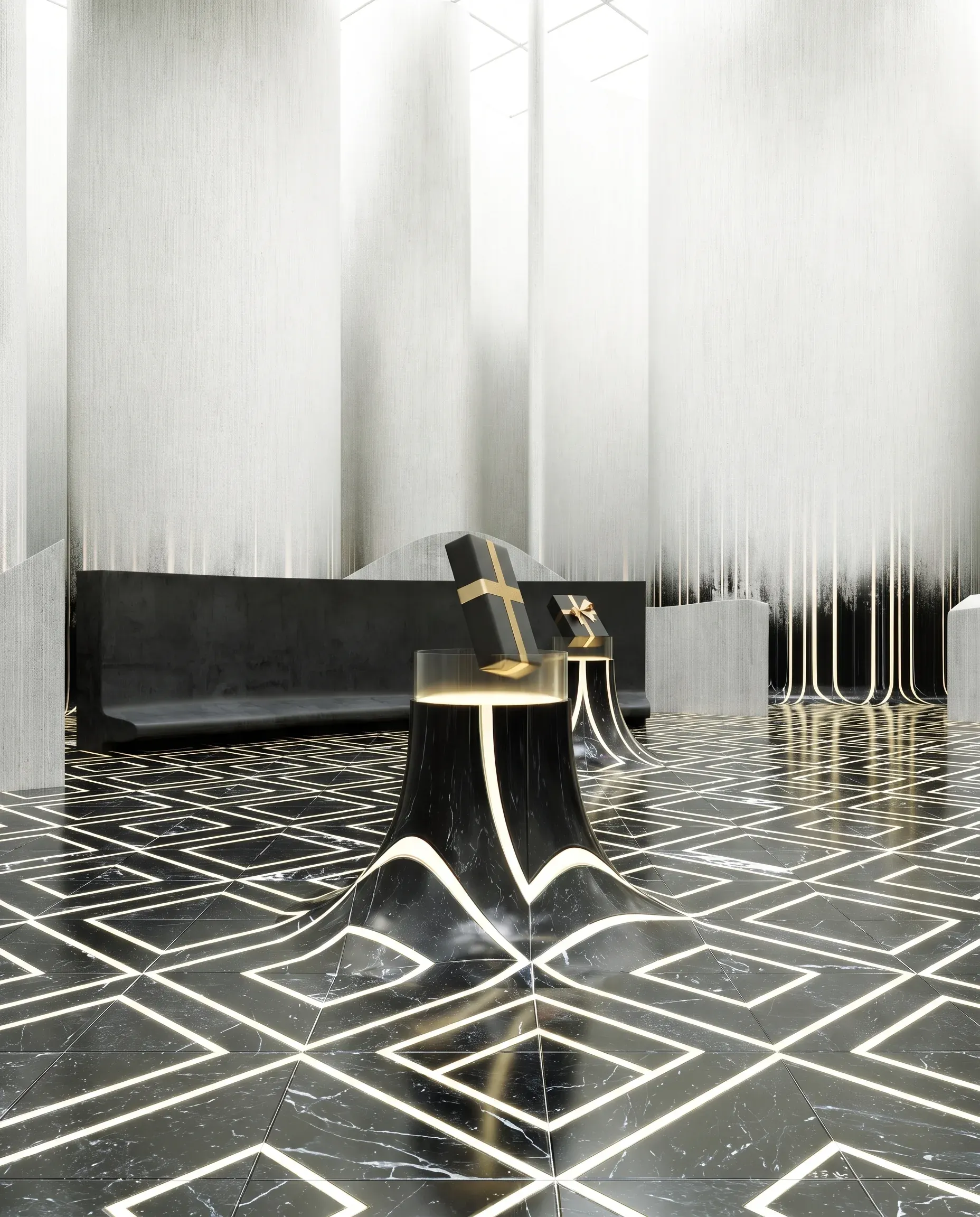 Modern luxury interior with black sofa, geometric patterned floor, tall white columns, and minimalist furniture in a spacious hall.