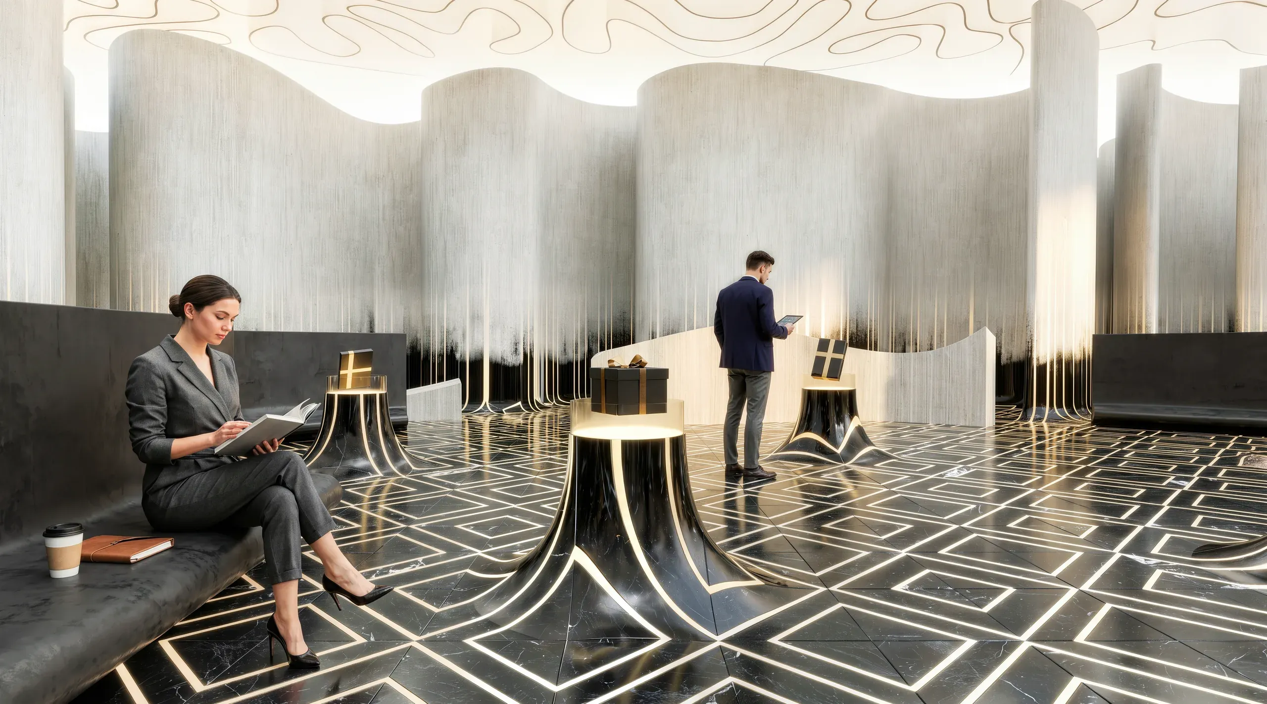 Modern office lounge with two professionals working, featuring sculptural black furniture, geometric floor patterns, and undulating white wall panels with atmospheric lighting.