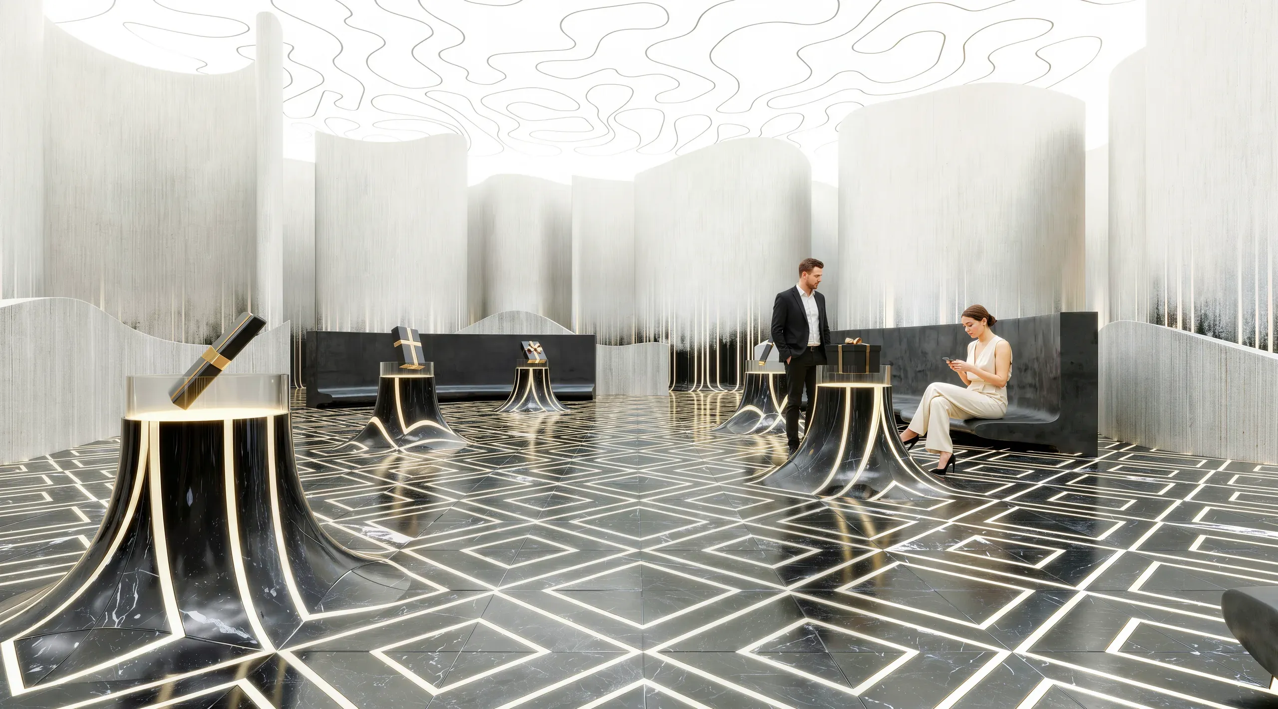 Modern luxury lounge with geometric floor patterns, sculptural black furniture with gold accents, textured walls, and wavy ceiling design featuring two people in business casual attire.