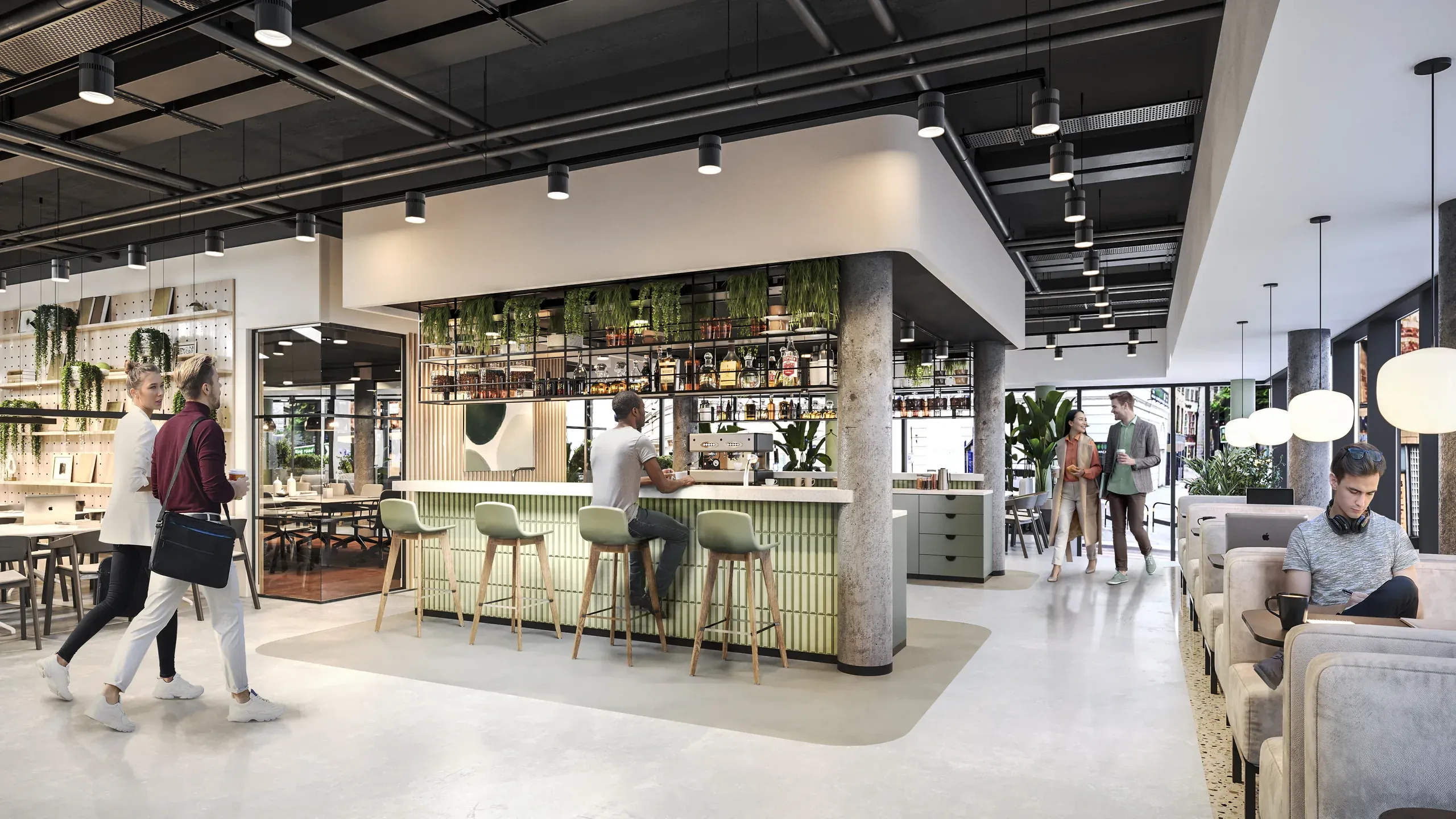Modern open-plan office lobby with green plant wall, bar seating, retail shelving, pendant lighting, and people working and socializing in a bright, minimalist space.