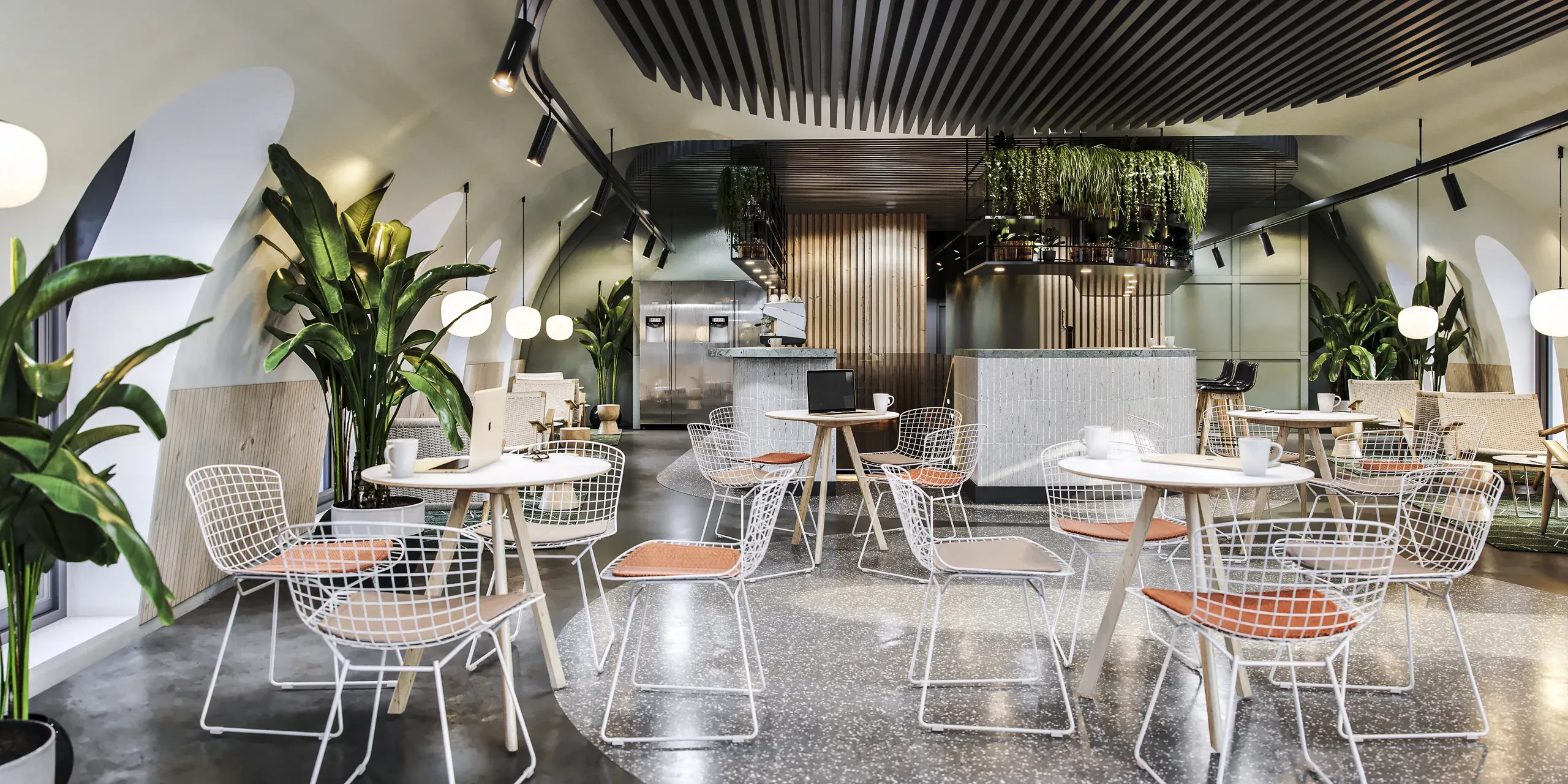 Modern café interior with white mesh chairs, wooden tables, polished concrete flooring, hanging plants, and minimalist design elements throughout the space.