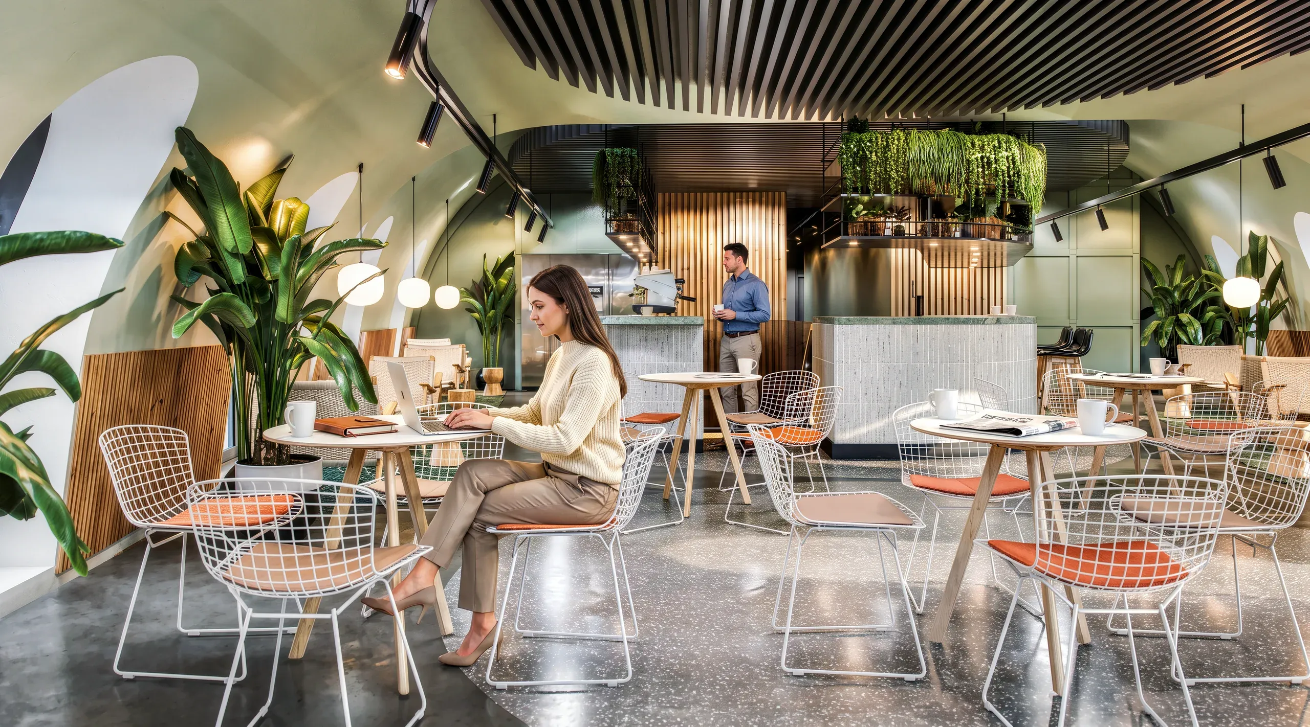 Modern office cafeteria with woman working at small table, white mesh chairs with orange cushions, wooden accents, green plants, and service counter in background.