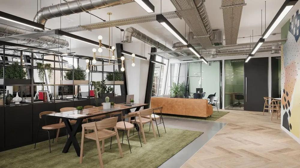 3D visualization of creative coworking space with colorful mural and café