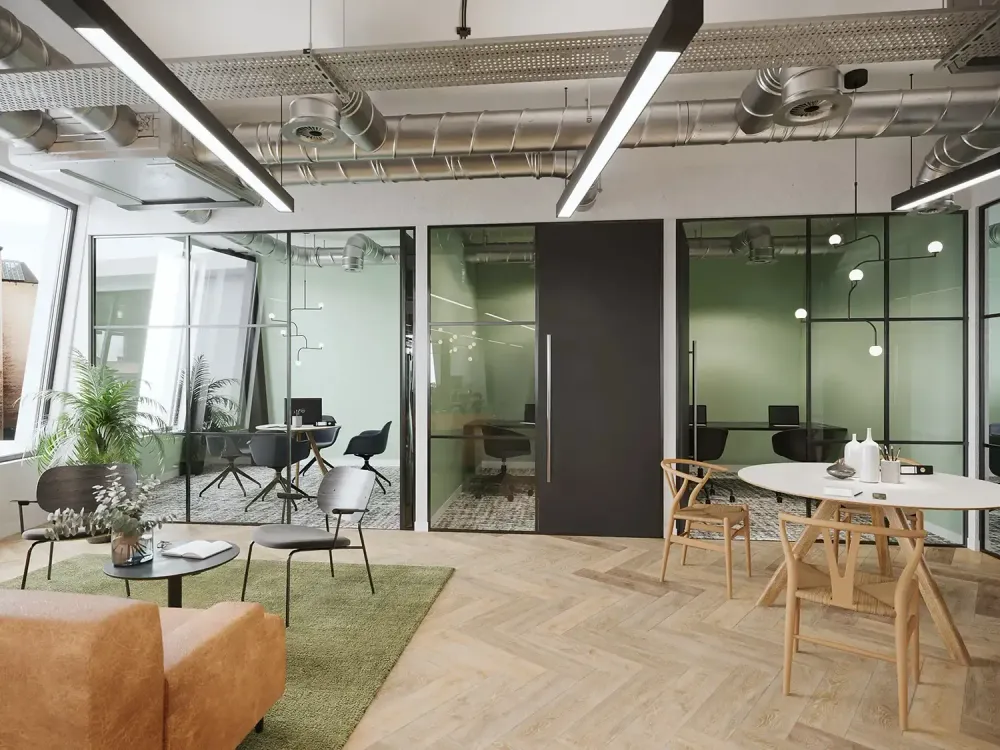 3D visualization of creative coworking space with colorful mural and café