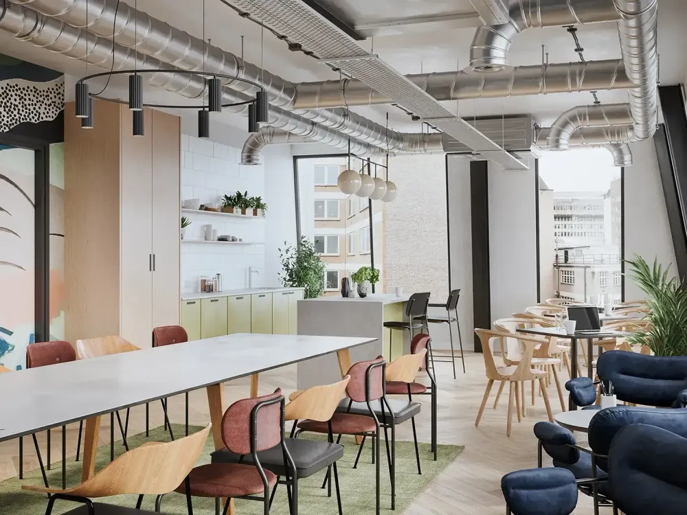 3D visualization of creative coworking space with colorful mural and café