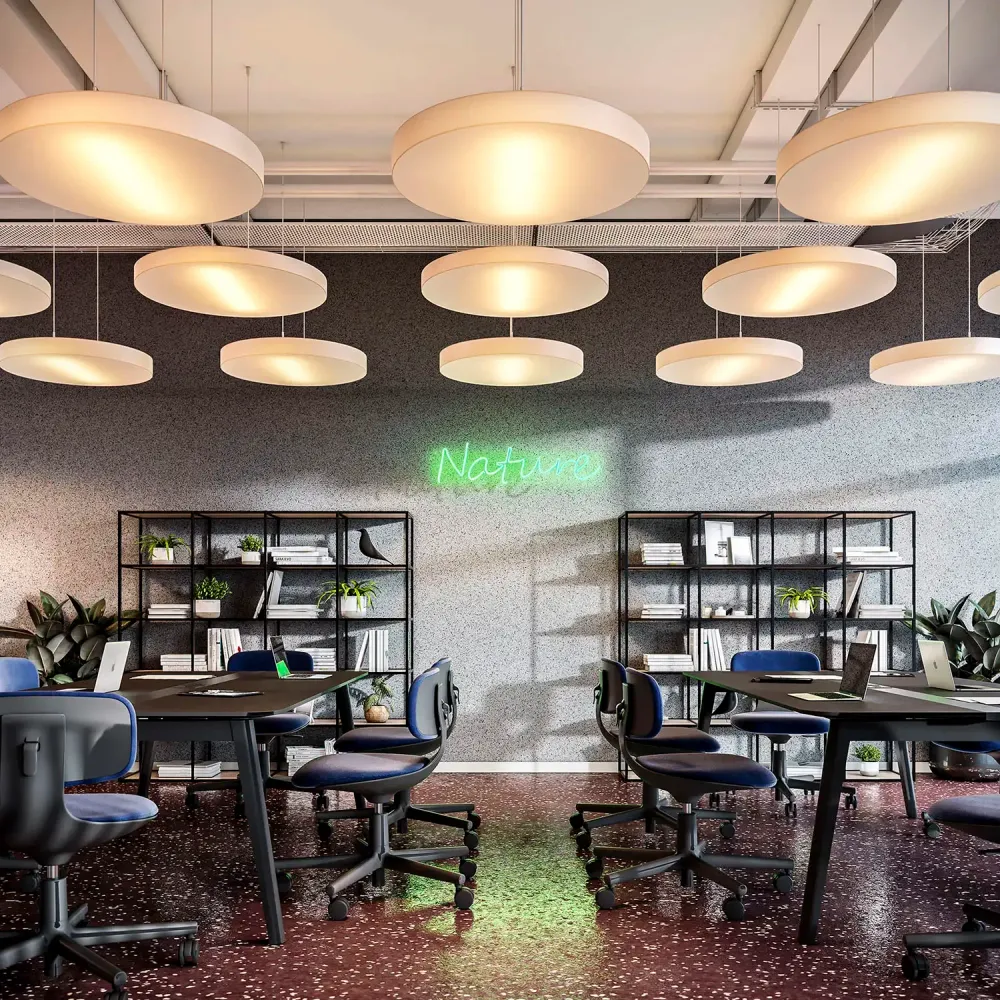 3D visualization of Clerkenwell office with terrazzo floors and geometric lighting