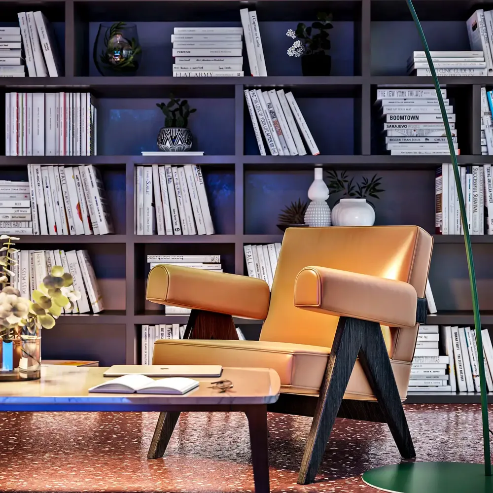 3D visualization of Clerkenwell office with terrazzo floors and geometric lighting