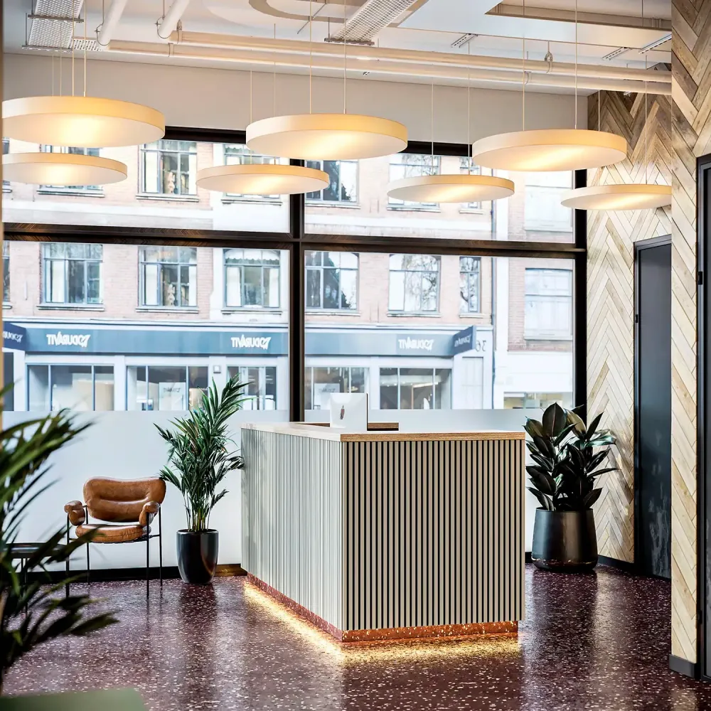 3D visualization of Clerkenwell office with terrazzo floors and geometric lighting