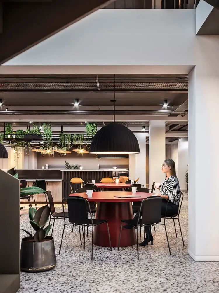 3D visualization of Clerkenwell office with terrazzo floors and geometric lighting
