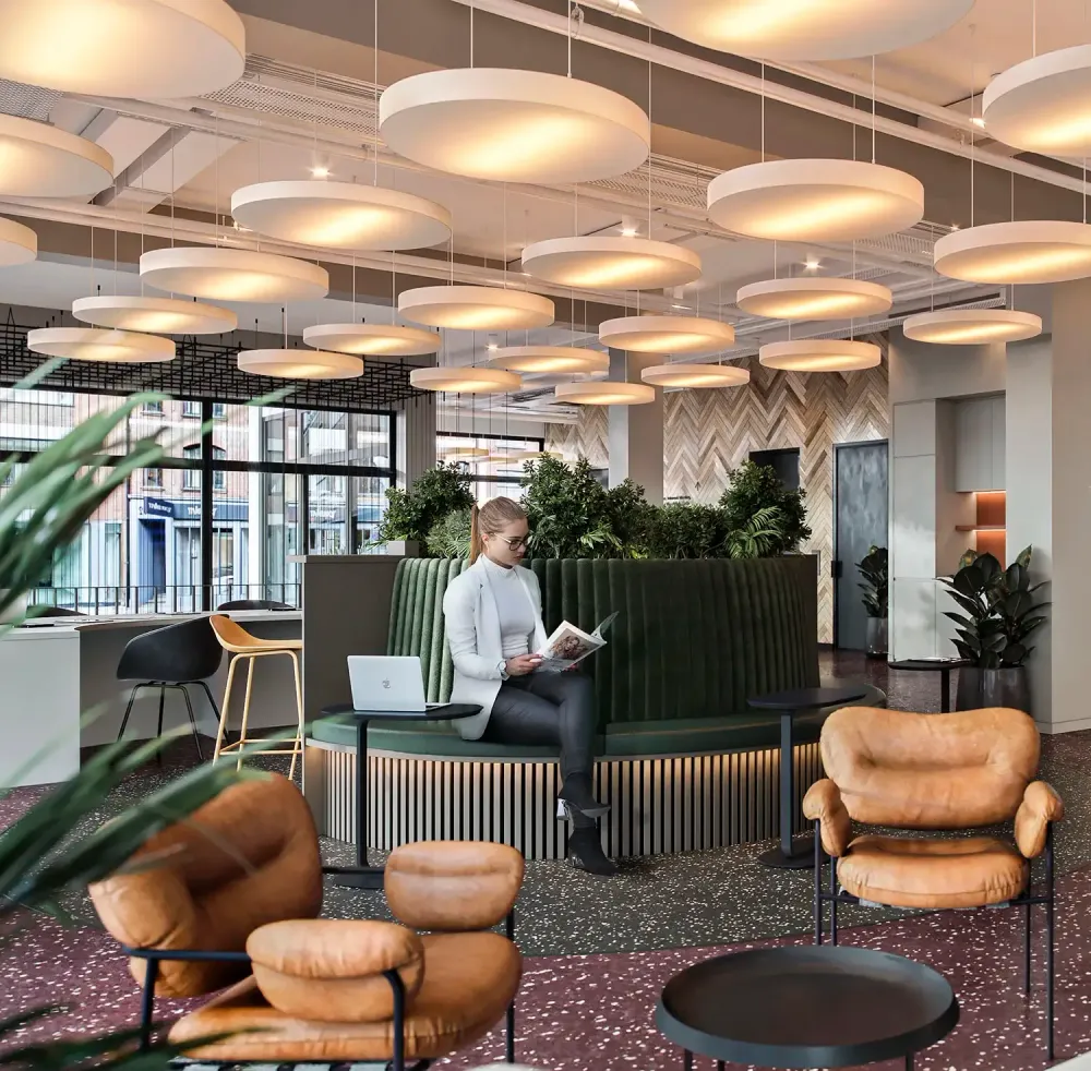 3D visualization of Clerkenwell office with terrazzo floors and geometric lighting