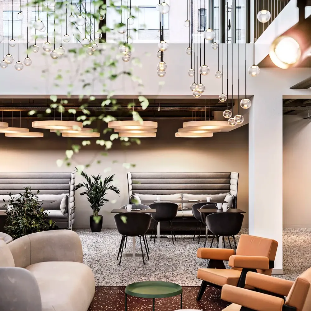 3D visualization of Clerkenwell office with terrazzo floors and geometric lighting