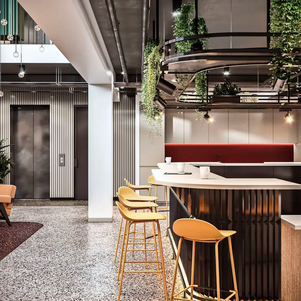 3D visualization of Clerkenwell office with terrazzo floors and geometric lighting