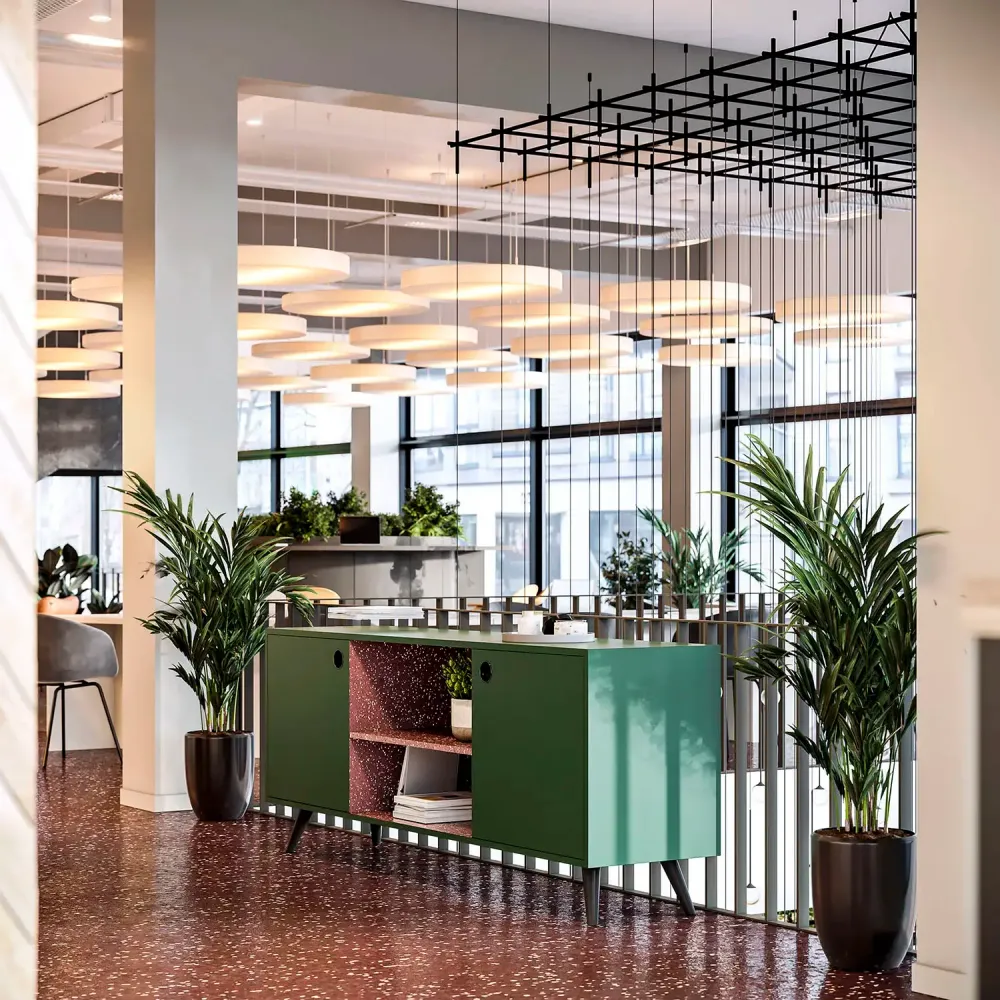 3D visualization of Clerkenwell office with terrazzo floors and geometric lighting