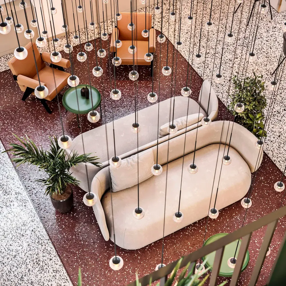 3D visualization of Clerkenwell office with terrazzo floors and geometric lighting