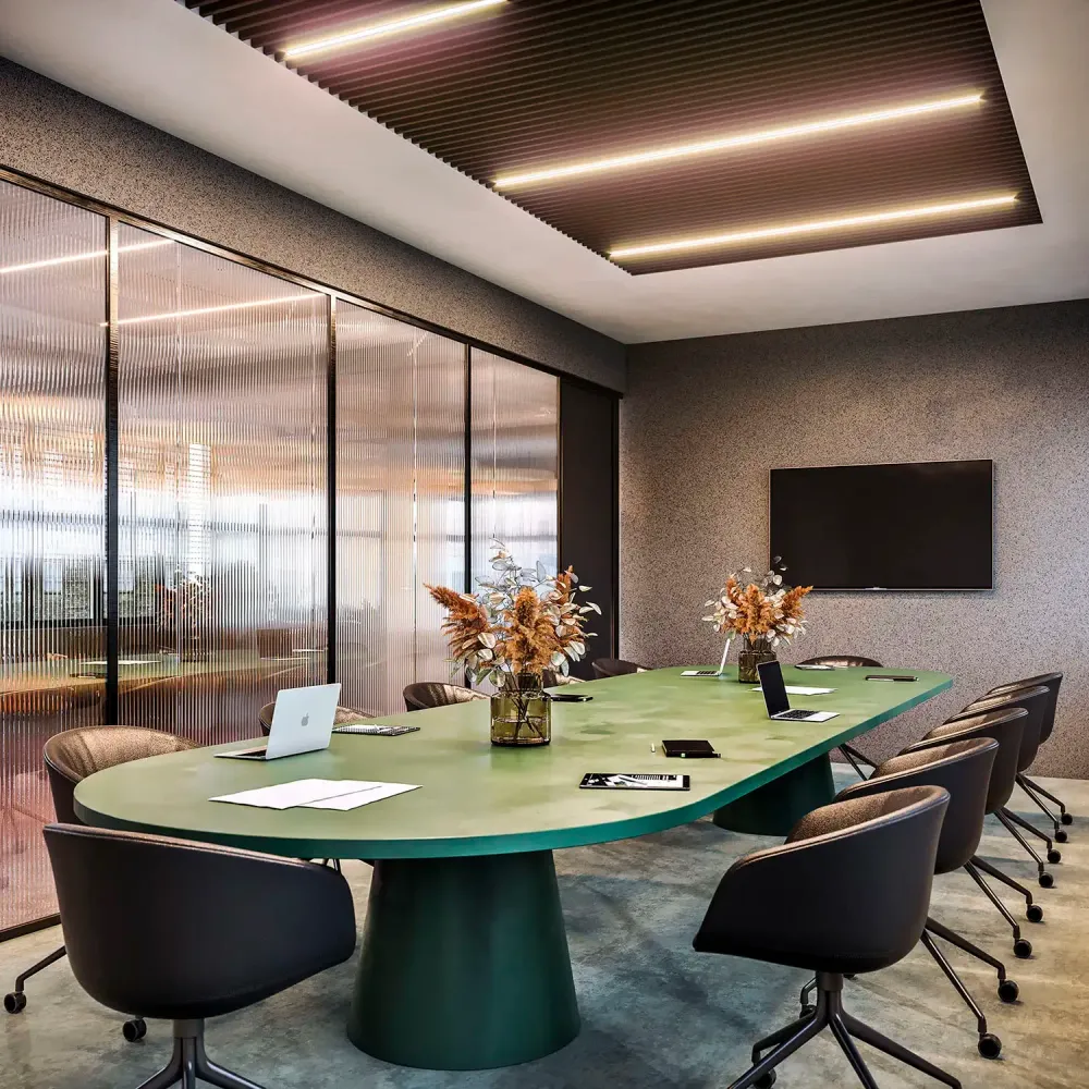3D visualization of Clerkenwell office with terrazzo floors and geometric lighting