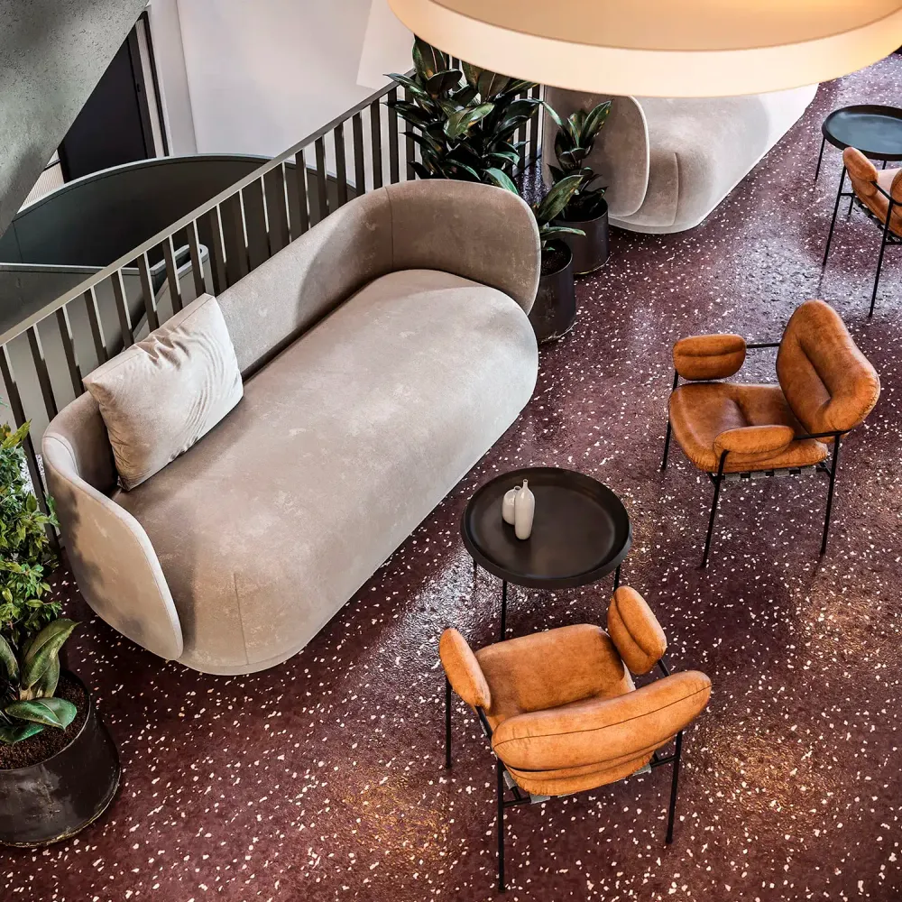 3D visualization of Clerkenwell office with terrazzo floors and geometric lighting