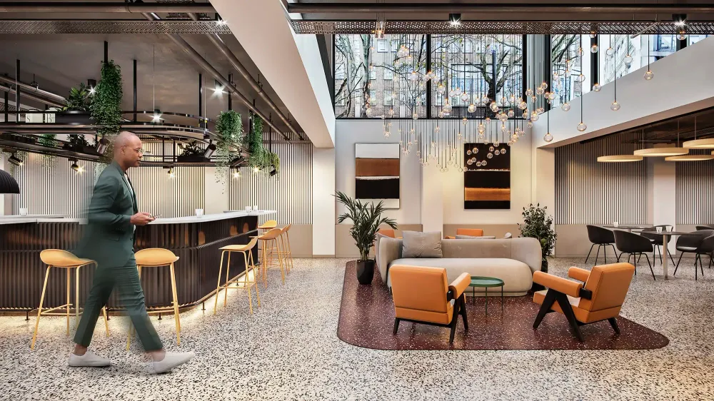 3D visualization of Clerkenwell office with terrazzo floors and geometric lighting