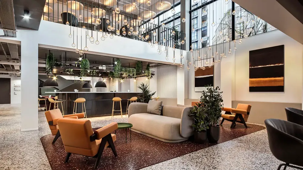 3D visualization of Clerkenwell office with terrazzo floors and geometric lighting
