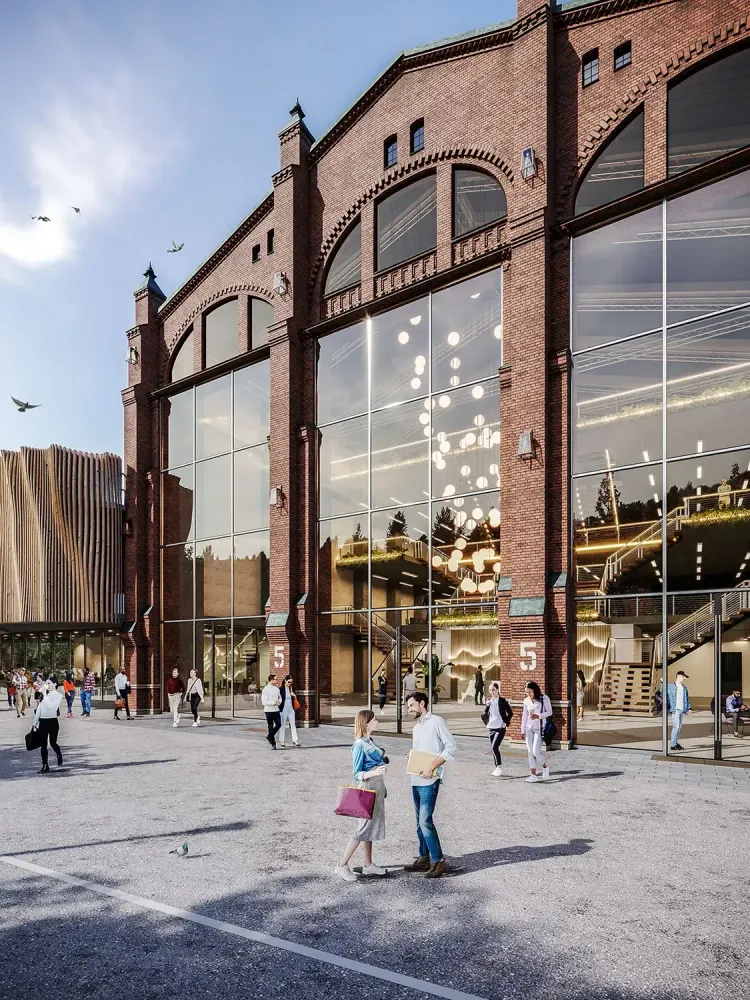 Architectural visualization of historic railway station converted to modern venue