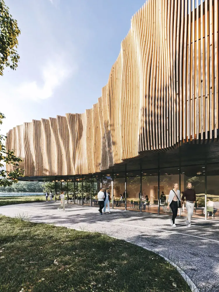 Architectural visualization of historic railway station converted to modern venue