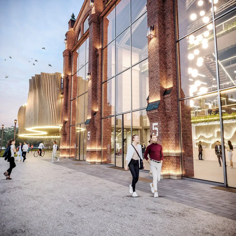 Architectural visualization of historic railway station converted to modern venue