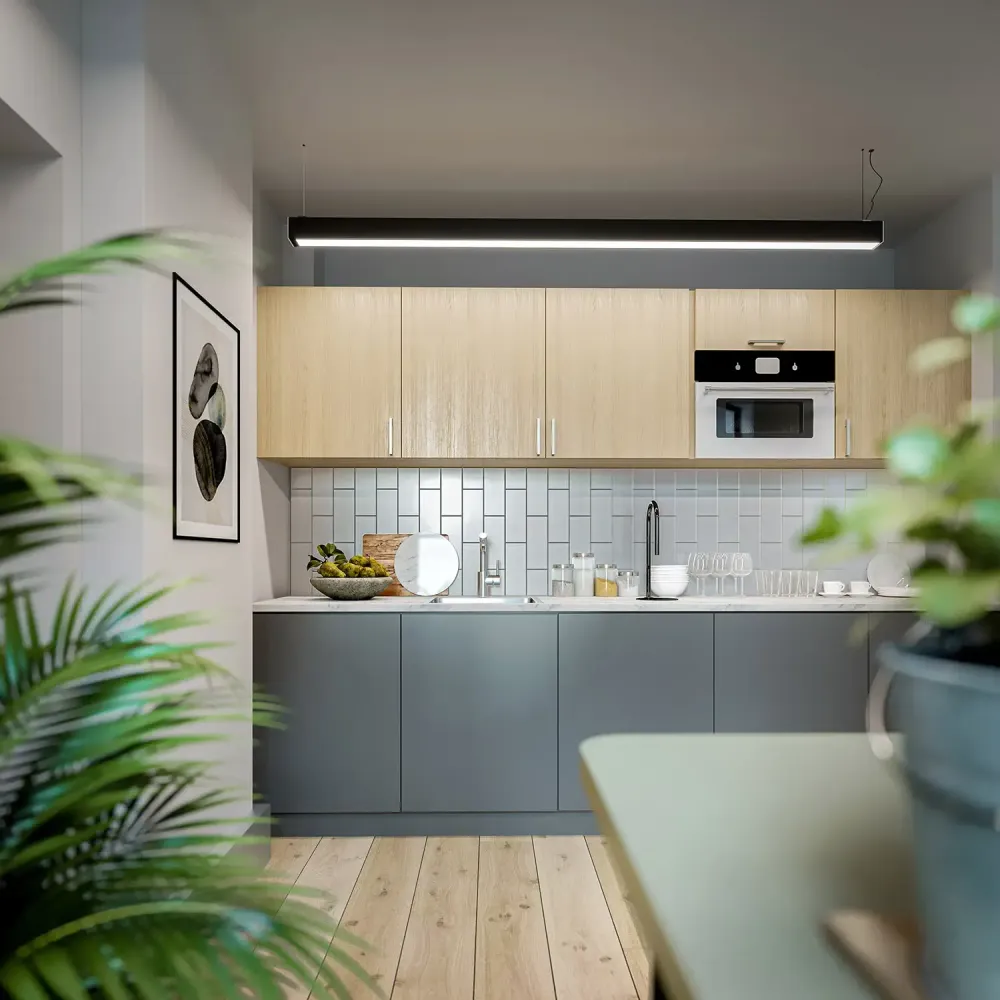 3D rendering of modern Scandinavian apartment kitchen interior