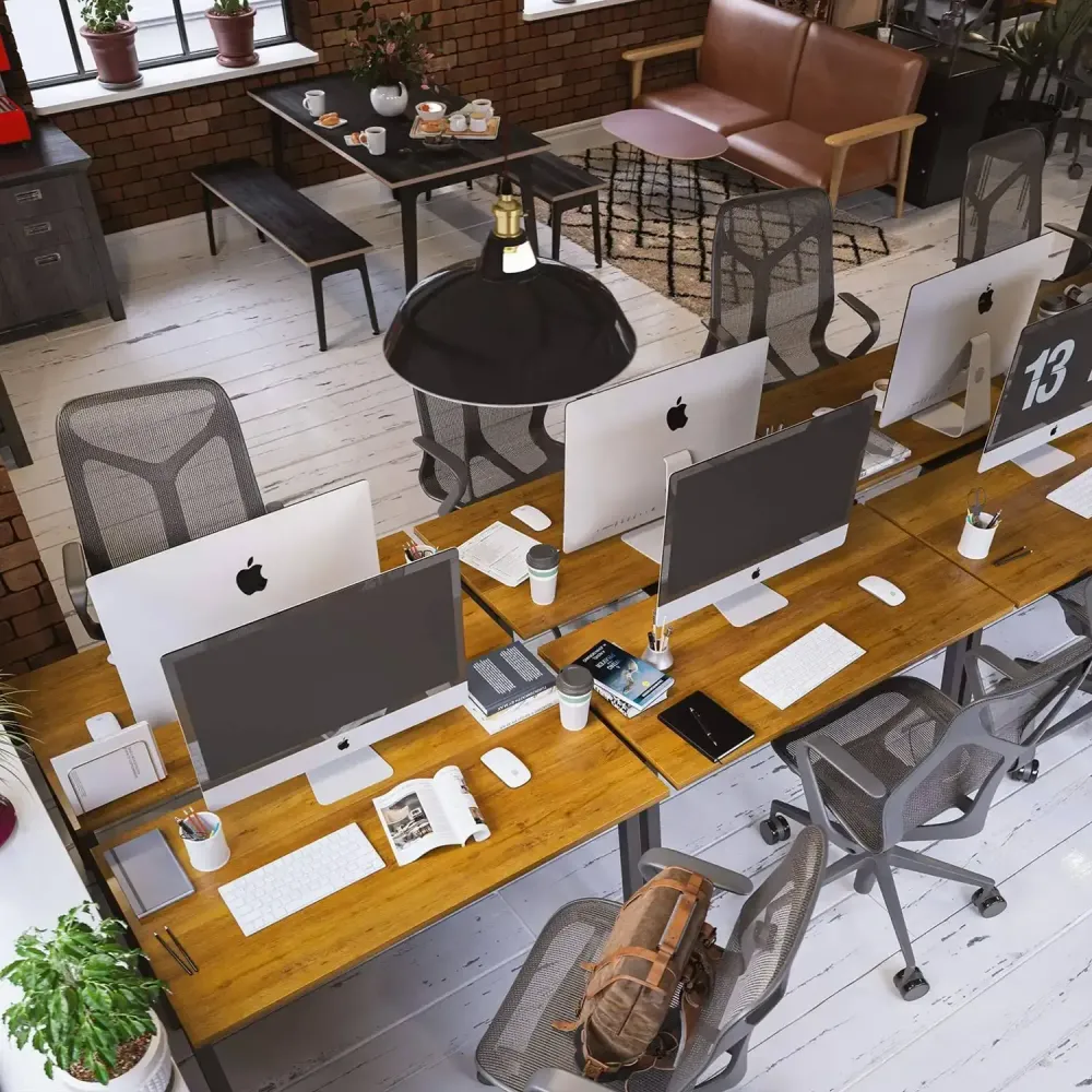 3D visualization of industrial loft café with exposed brick and wooden beams