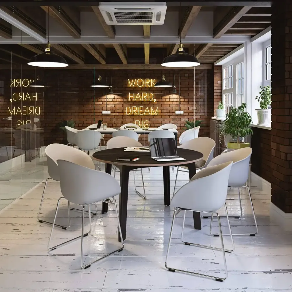 3D visualization of industrial loft café with exposed brick and wooden beams