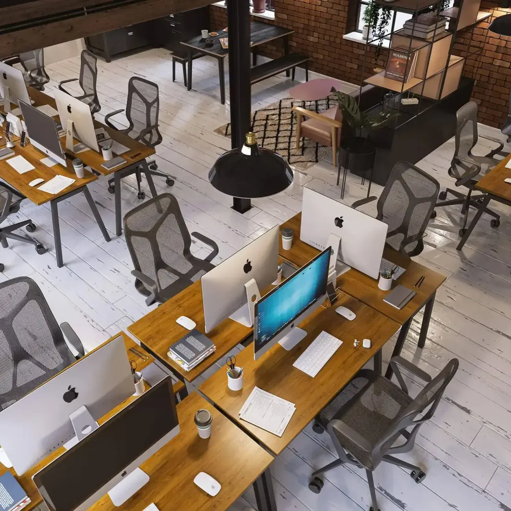 3D visualization of industrial loft café with exposed brick and wooden beams
