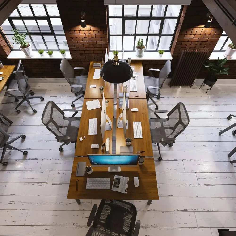3D visualization of industrial loft café with exposed brick and wooden beams
