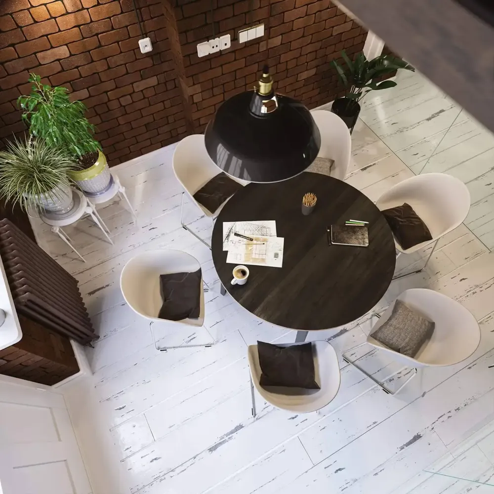3D visualization of industrial loft café with exposed brick and wooden beams