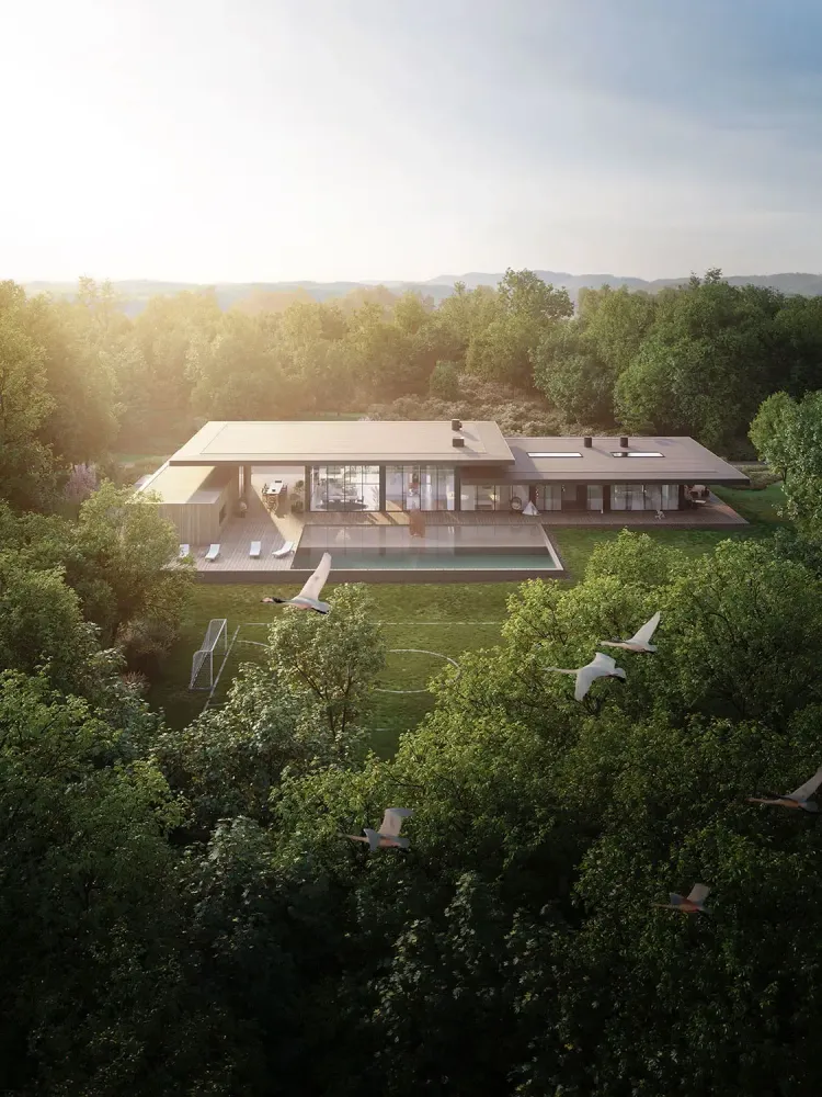 Aerial architectural rendering of luxury hillside villa with infinity pool